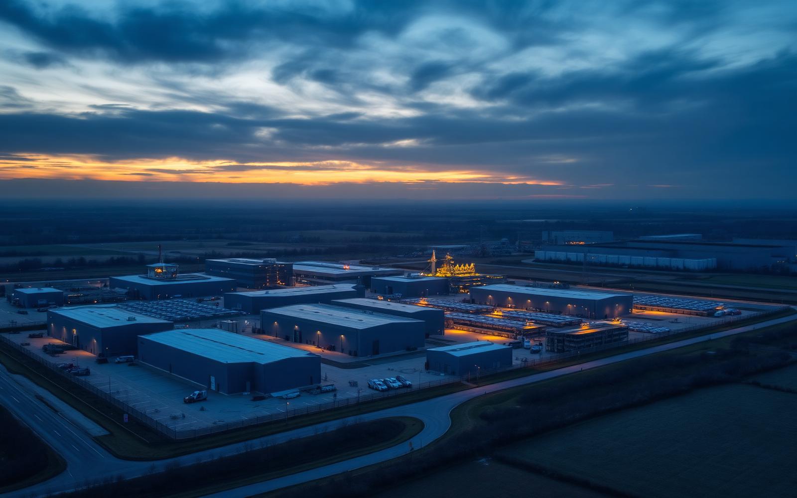 Falcon Defence manufacturing facility at dusk